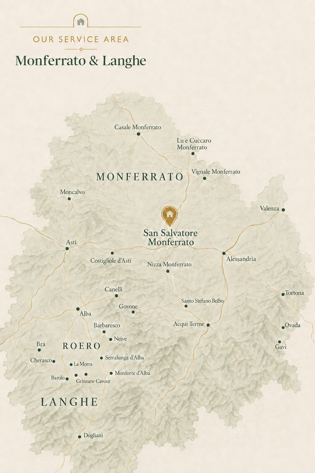 Illustrated map of Monferrato and Langhe with the principal towns in the service area